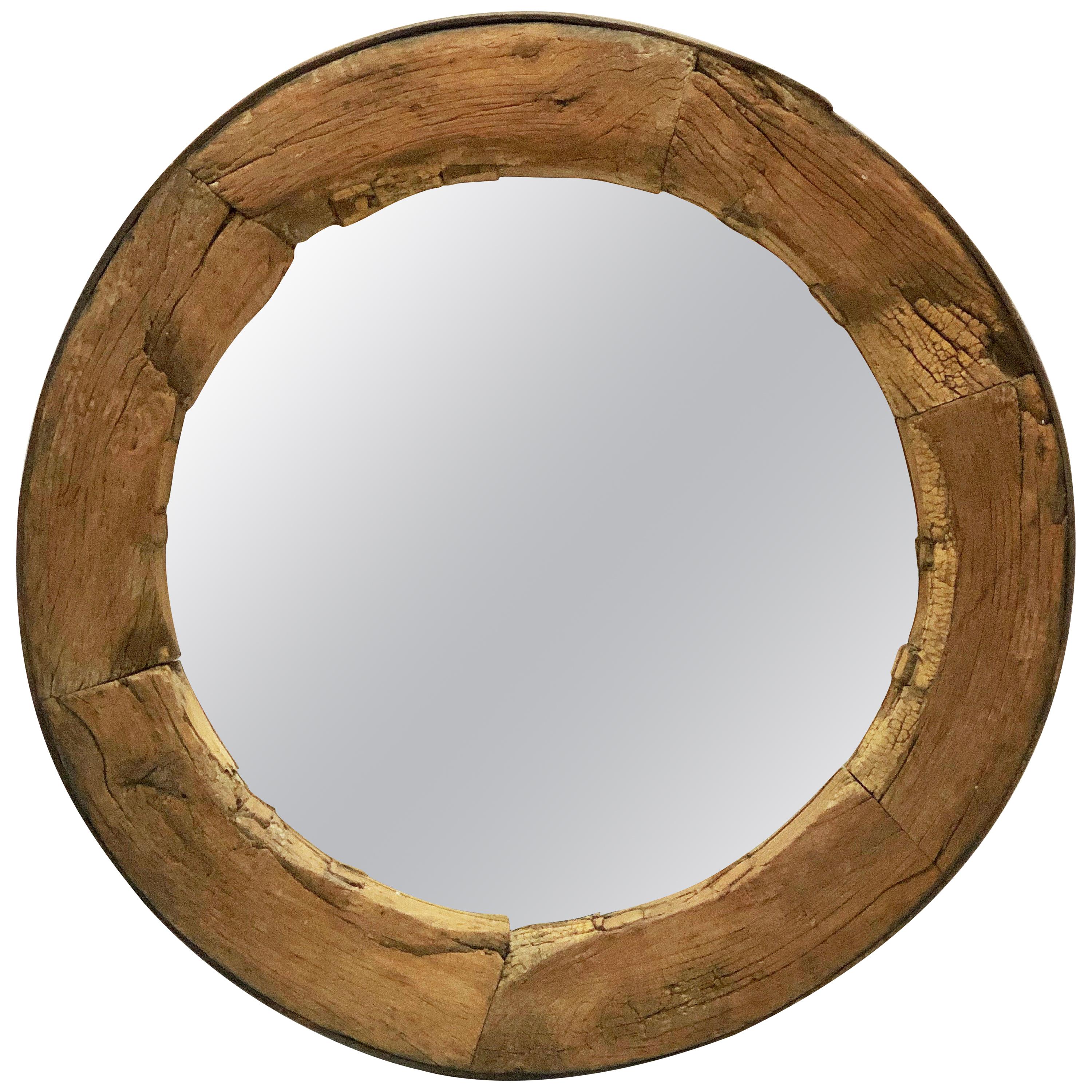 Rustic English Round Mirror in Wagon Wheel Frame of Oak and Iron (Diameter 43)
