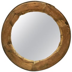 Antique Rustic English Round Mirror in Wagon Wheel Frame of Oak and Iron (Diameter 43)