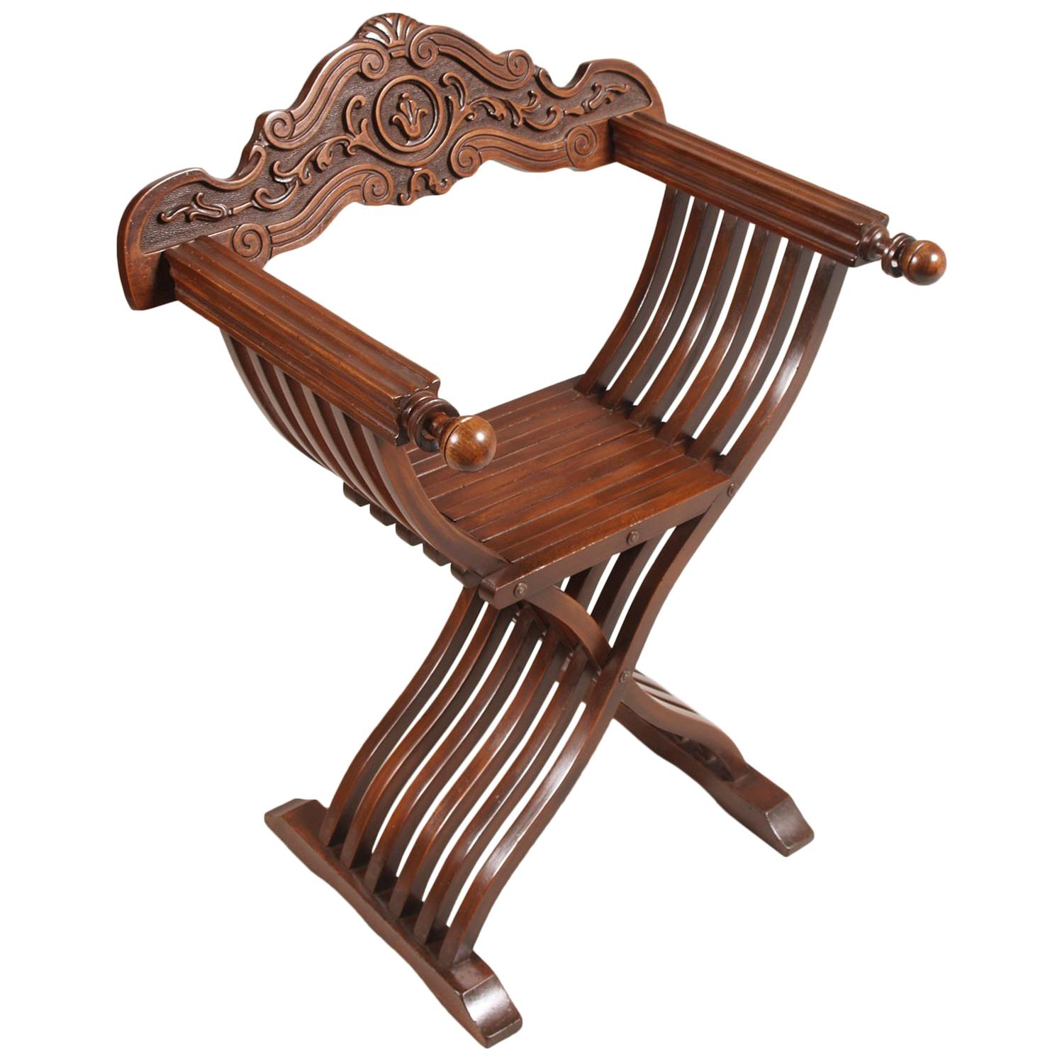 Renaissance Revival Savonarola Chair in Carved Walnut Restored and Wax Polished