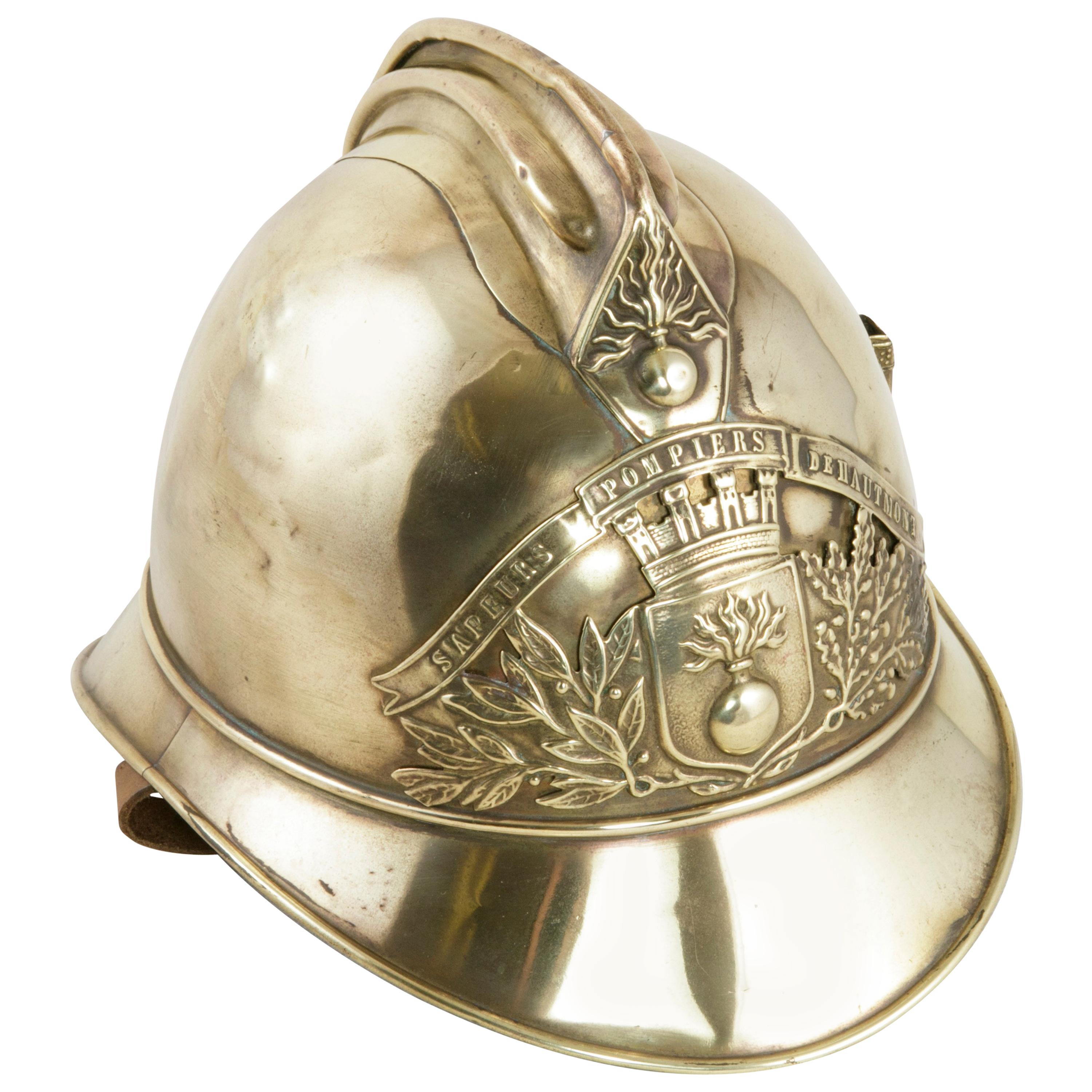 French Brass Fireman's Helmet with City Seal and Leather Interior, circa 1900