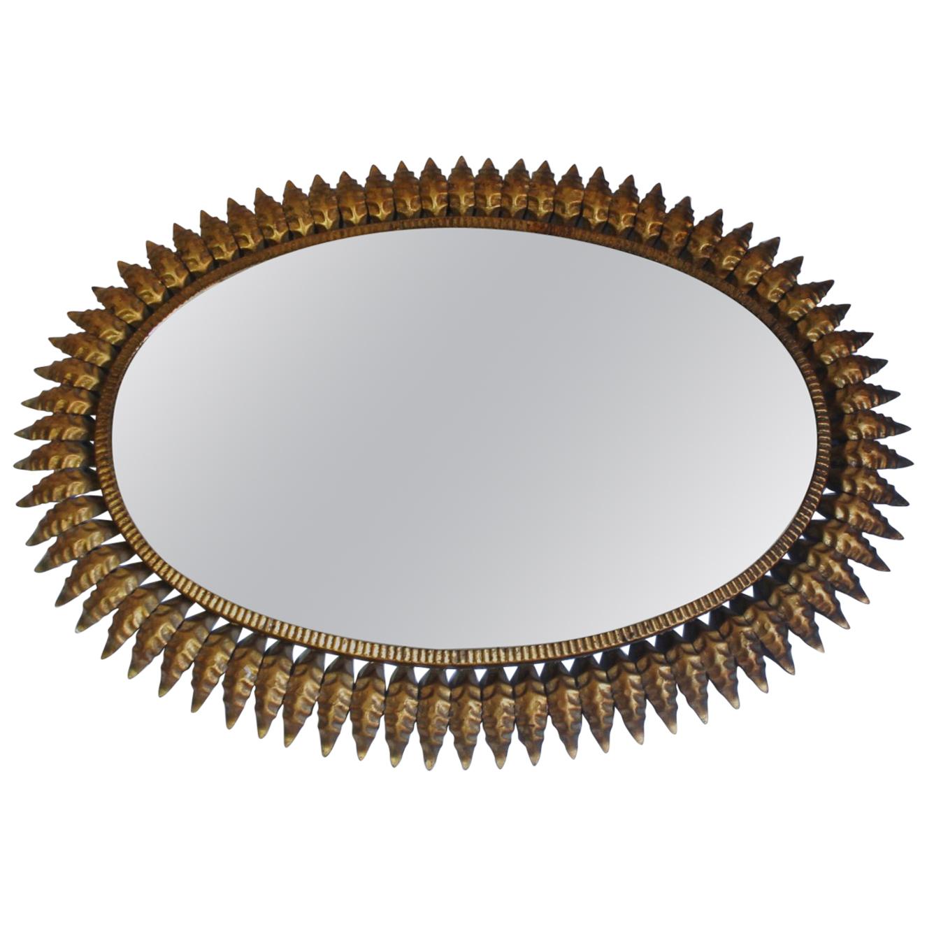 Midcentury Large Oval Sunburst Floral Brass Wall Mirror, 1950s For Sale