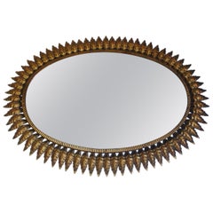 Midcentury Large Oval Sunburst Floral Brass Wall Mirror, 1950s