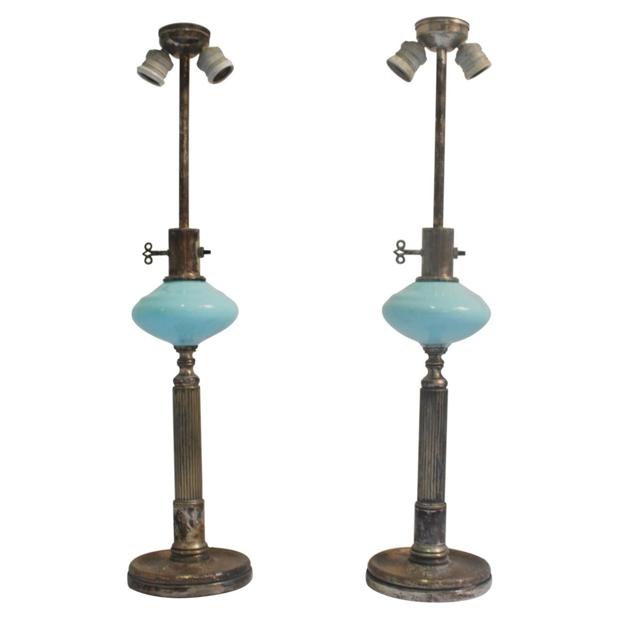 1930s Art Deco Metalarte Blue Opaline Table Lamp, Set of 2 For Sale