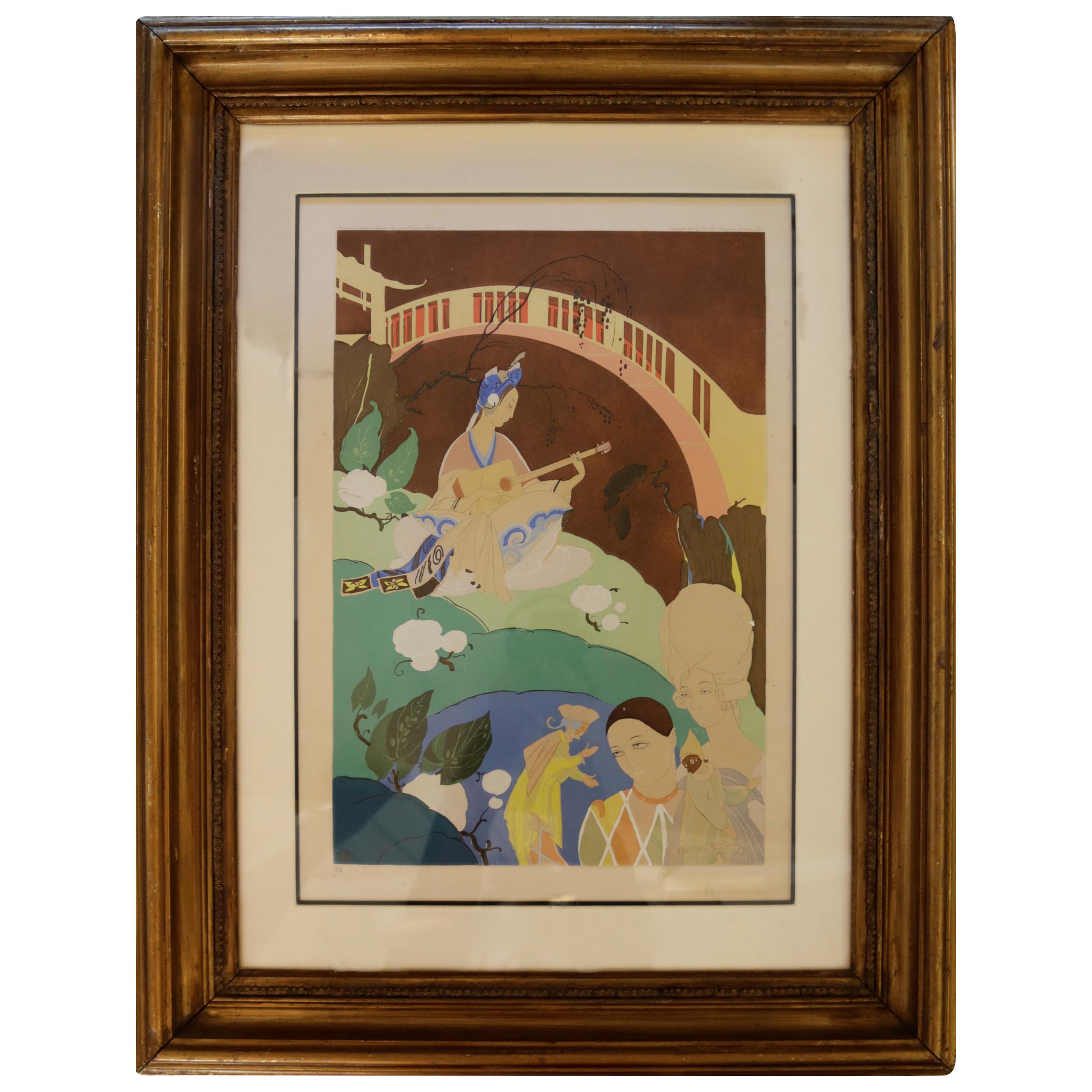 Oriental Lithograph and Watercolor by Umberto Brunelleschi For Sale