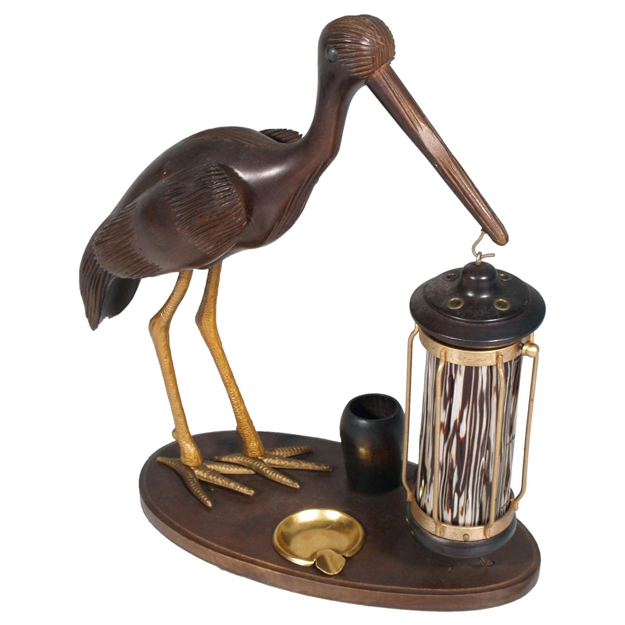 1940s Art Deco Heron Table Lamp, by Aldo Tura, Ashtray, Cigarette Service For Sale