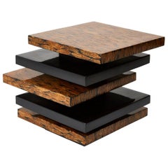 Contemporary Stacked Black Lacquered Side Table with Natural Fiber Inlay, 1990s