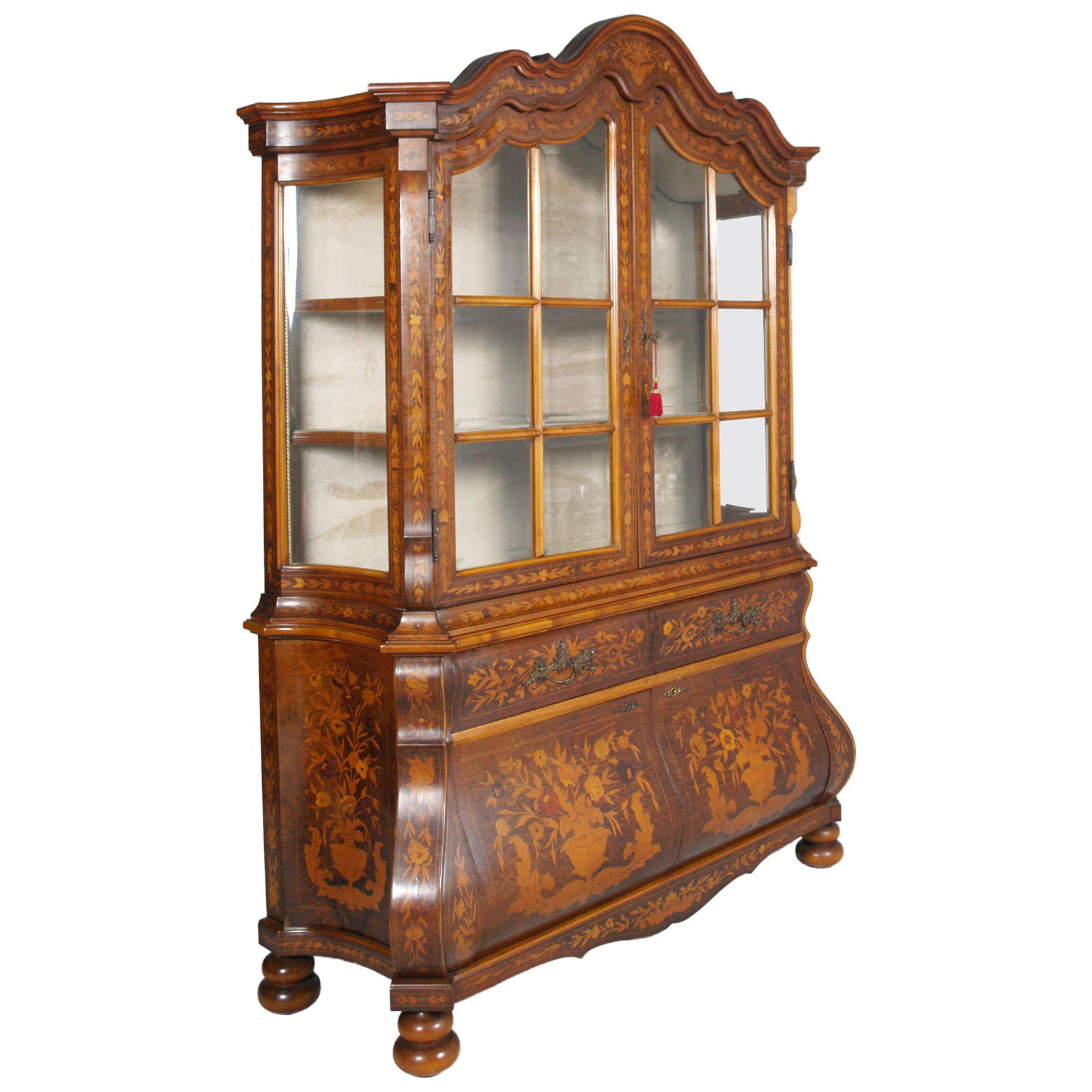 1950s Venetian Walnut Baroque Sideboard and Display Cabinet Richly Floral Inlaid For Sale