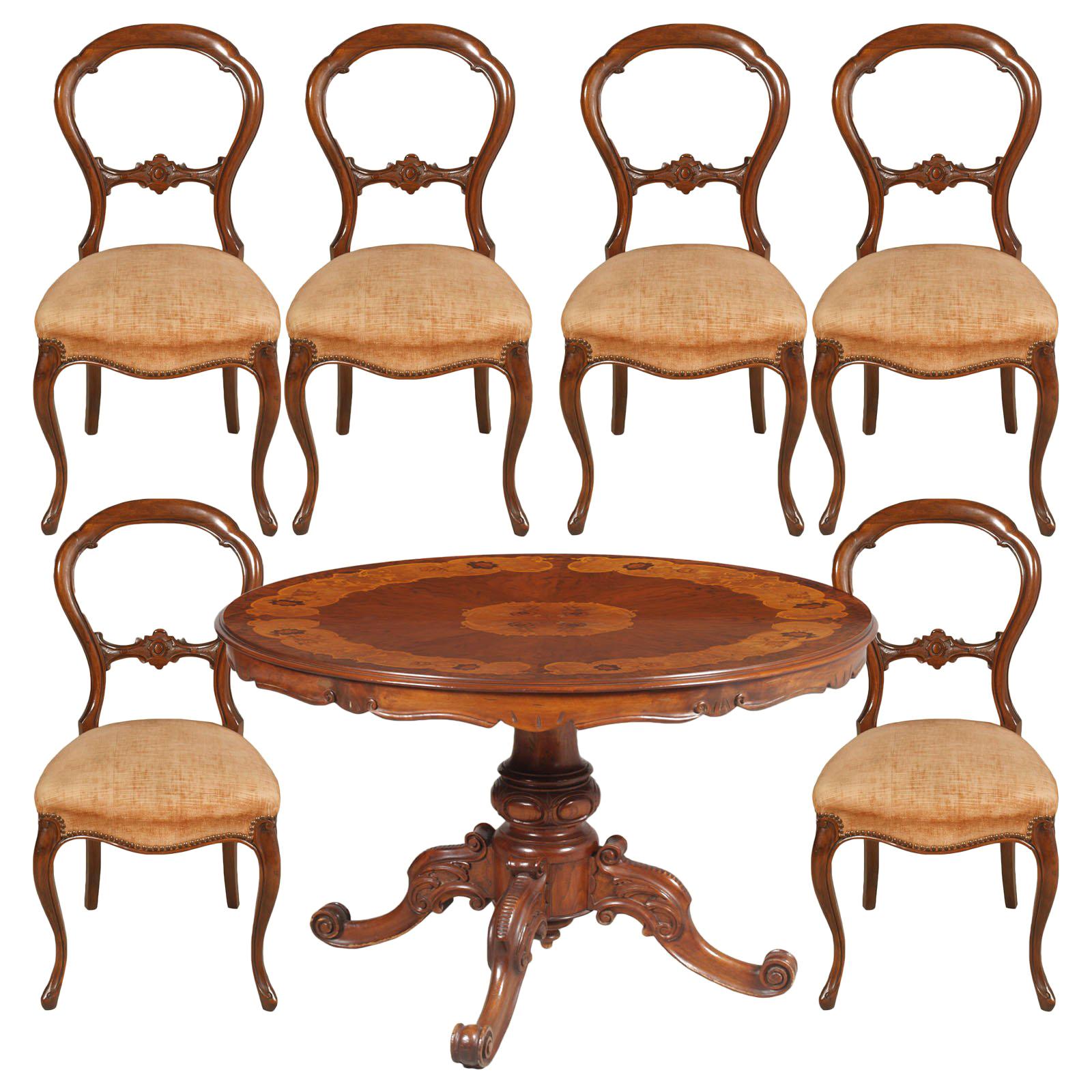 Baroque Sorrento Round Table & Chairs, in Walnut Inlaid & Carved, Wax Polished