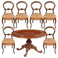 Table ronde baroque Sorrento 6 chaises, en noyer incrusté et sculpté ciré poli