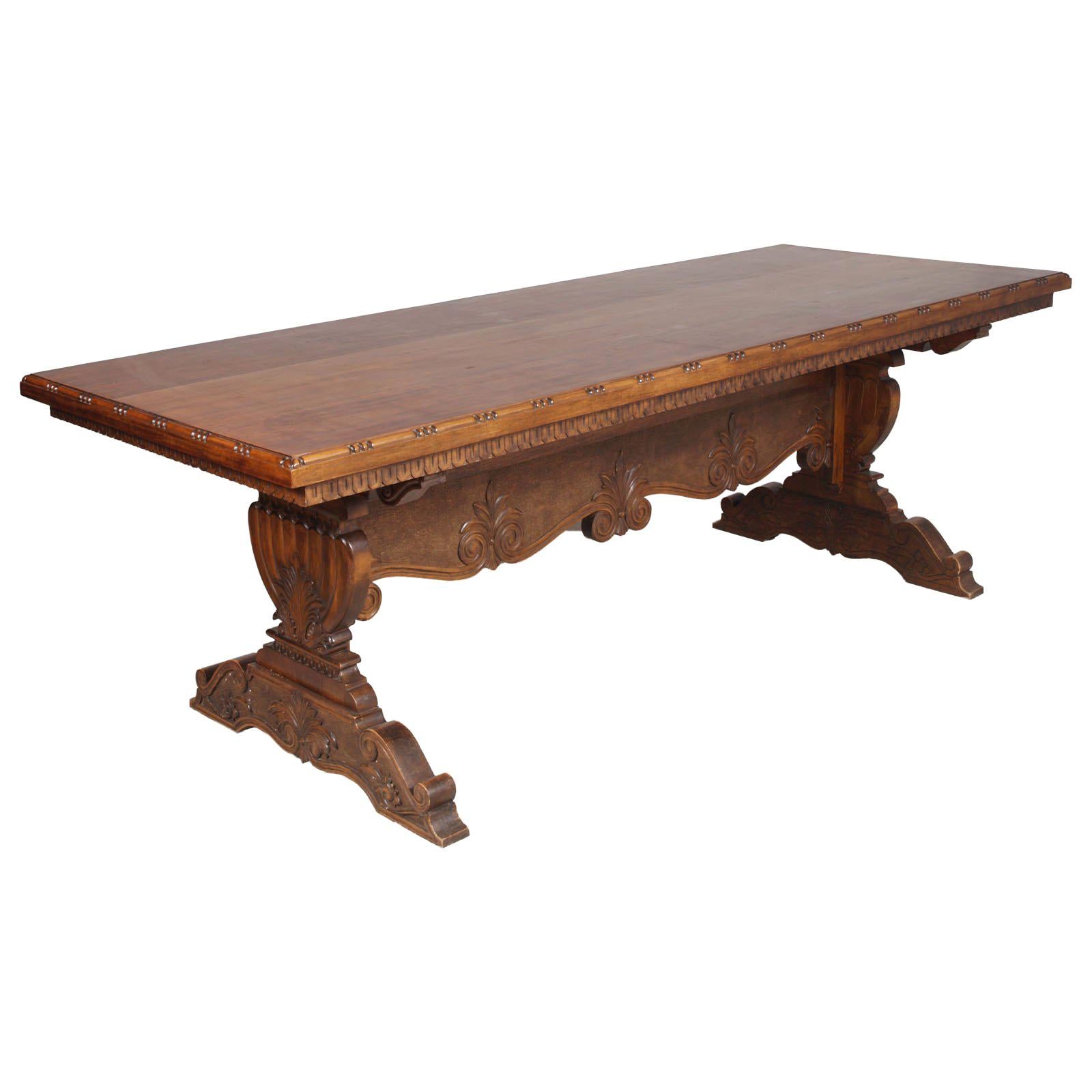 Antique Important Tuscany Renaissance Dining Table, Hand Carved Solid Walnut 