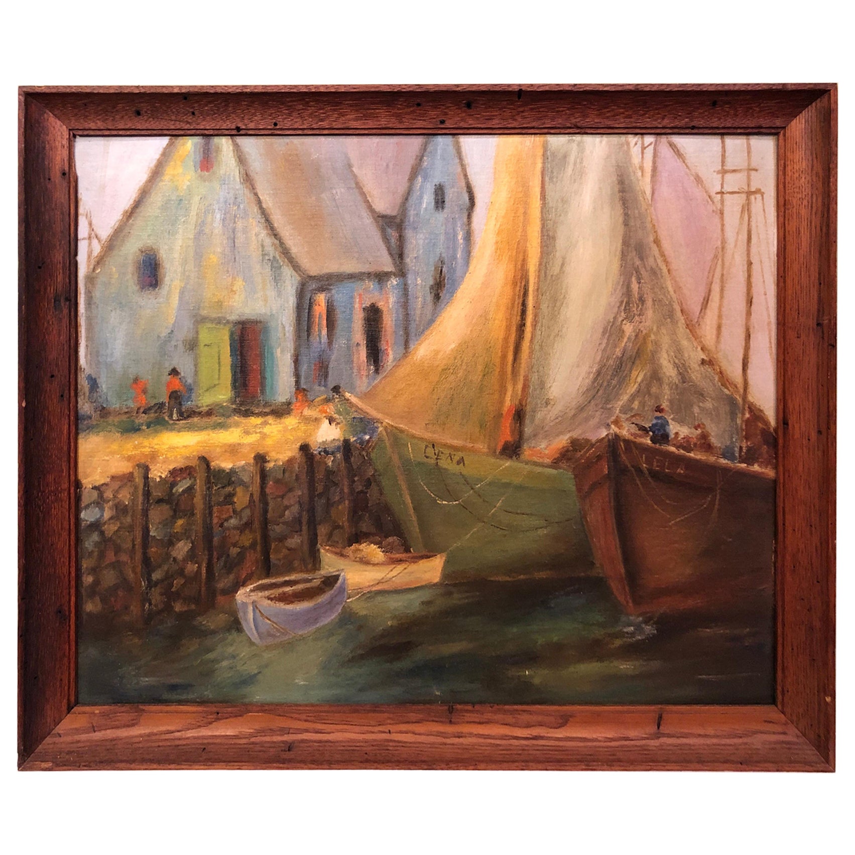 Colorful Oil on Board of Boats in a Harbor For Sale