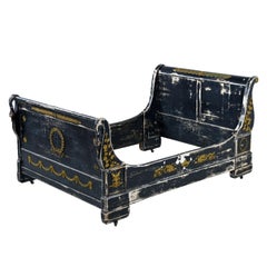 19th Century French Empire Swan Sleigh Bed Mahogany and Brass Accents