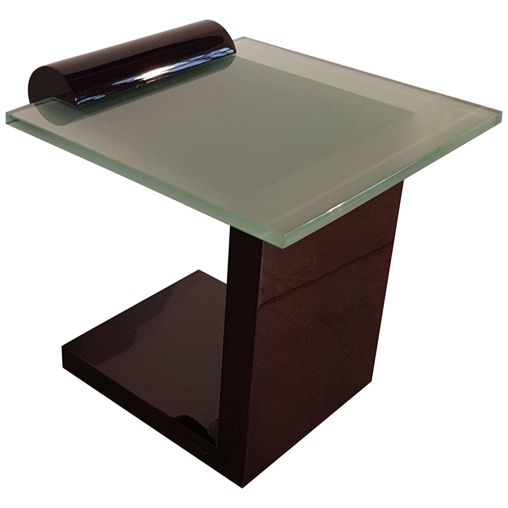 French Art Deco Dark Walnut Side Table with Thick Glass Top For Sale