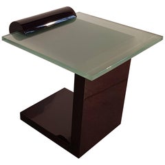 French Art Deco Dark Walnut Side Table with Thick Glass Top