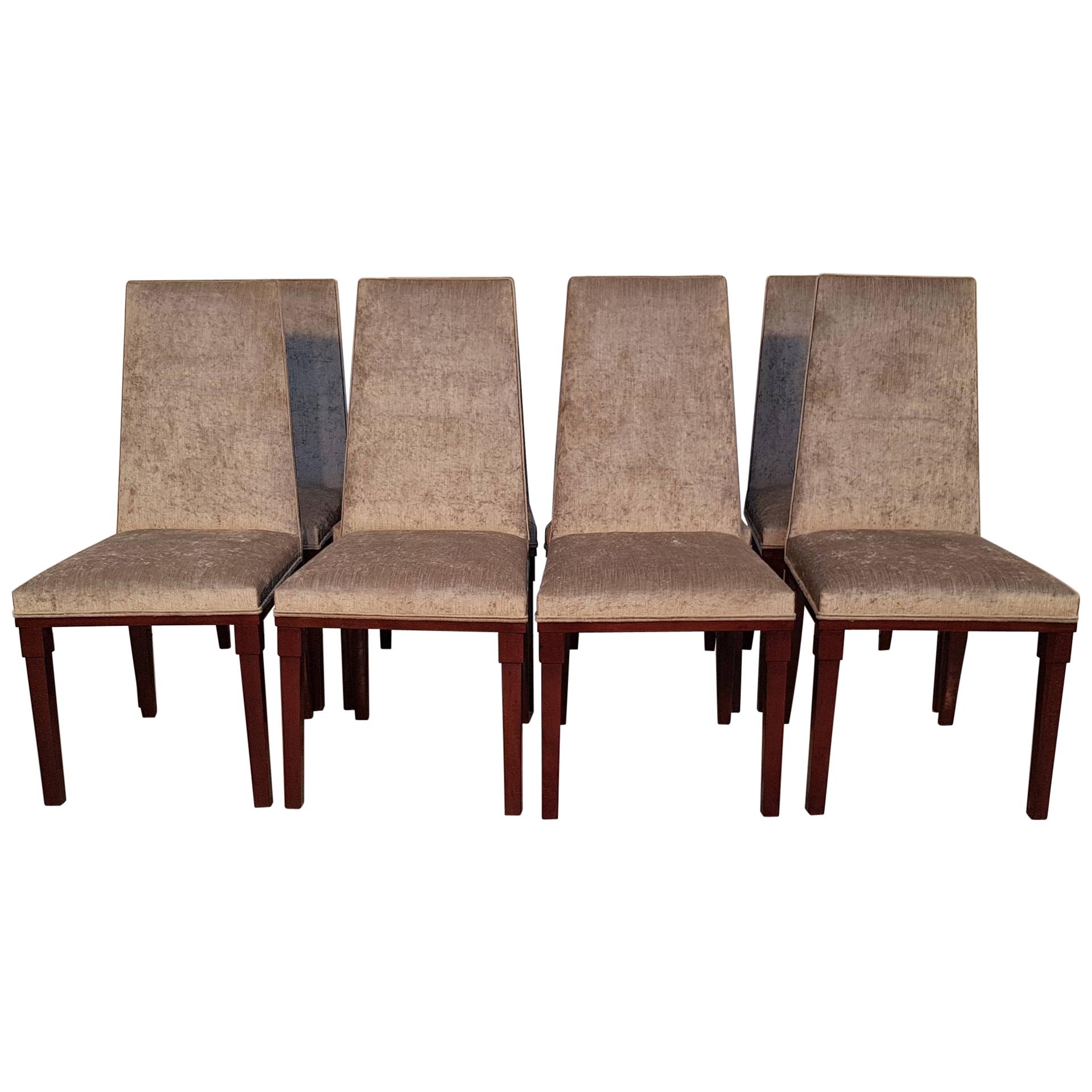 Set of 8 Pieces French Art Deco Upholstered Walnut Dining Chairs For Sale