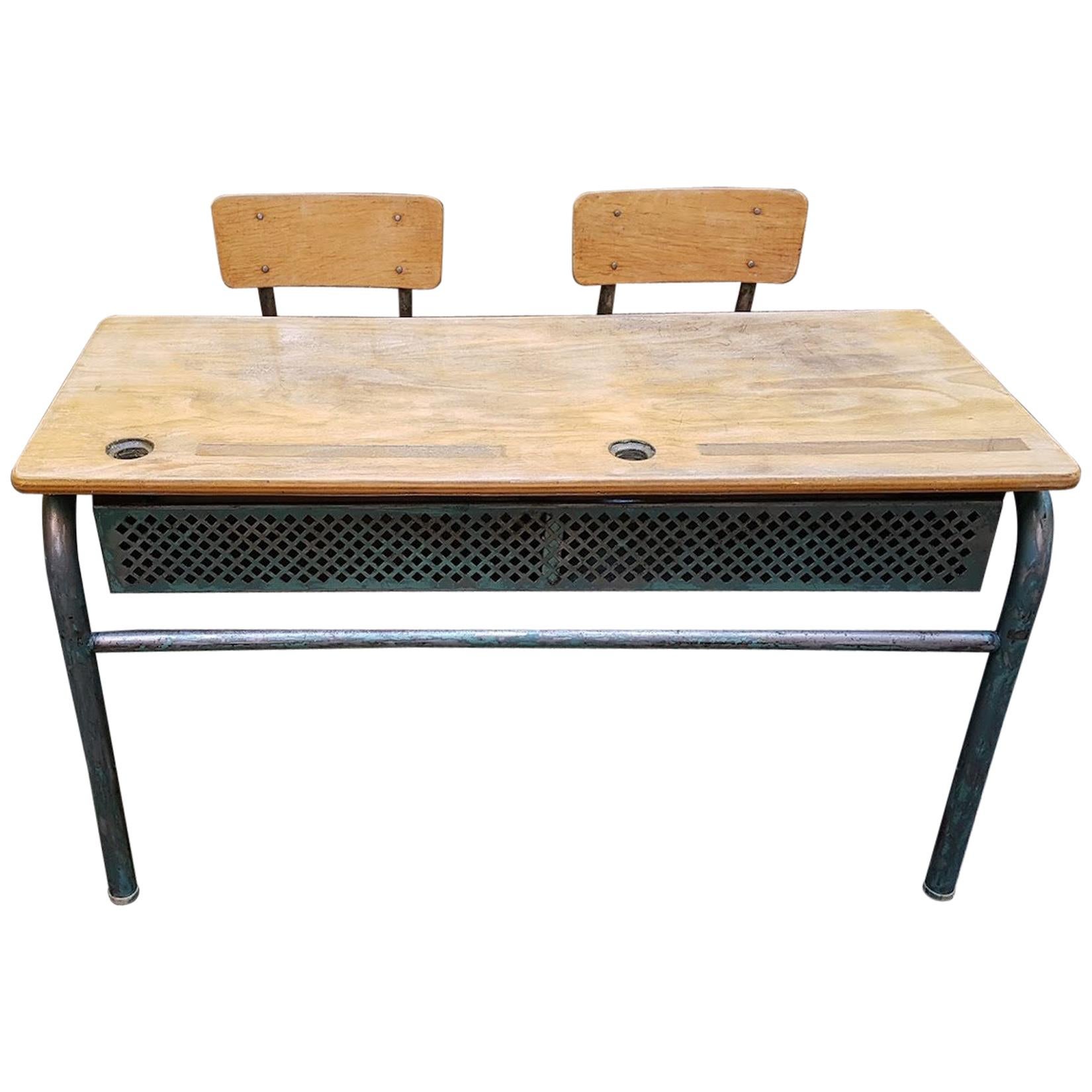 Mid-20th Century French Wooden and Metal Double School Bench, 1950 For Sale