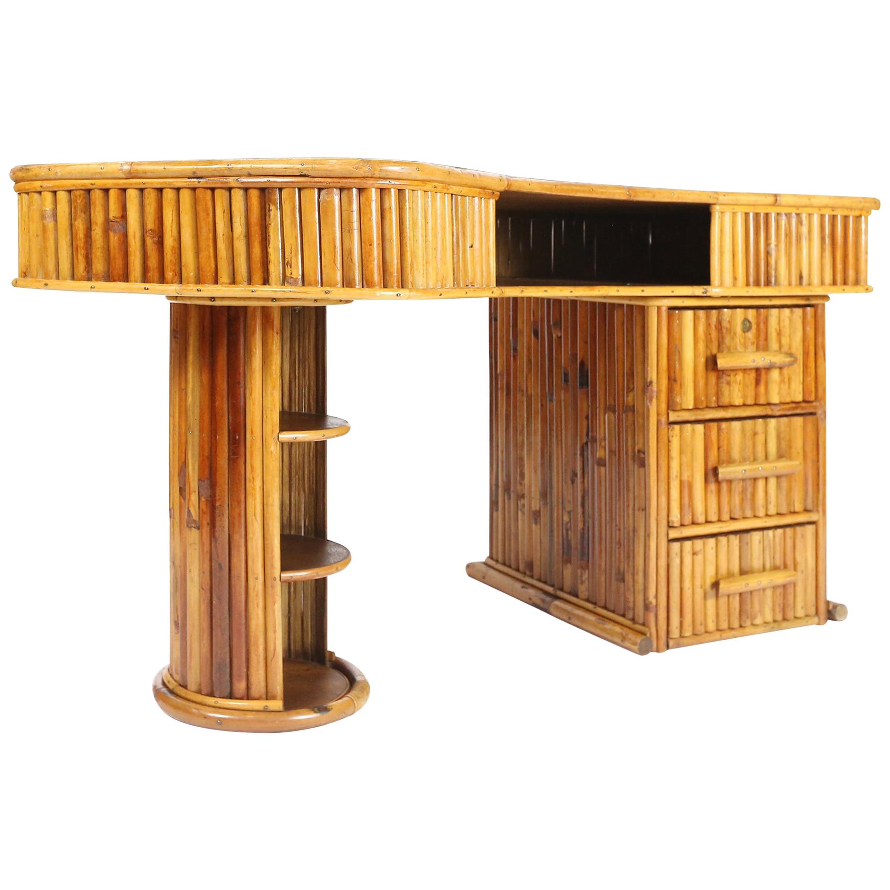 Curved 1950s French Bamboo Desk For Sale