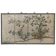 Chinese Four-Panel Hand Painted Silver Folding Screen
