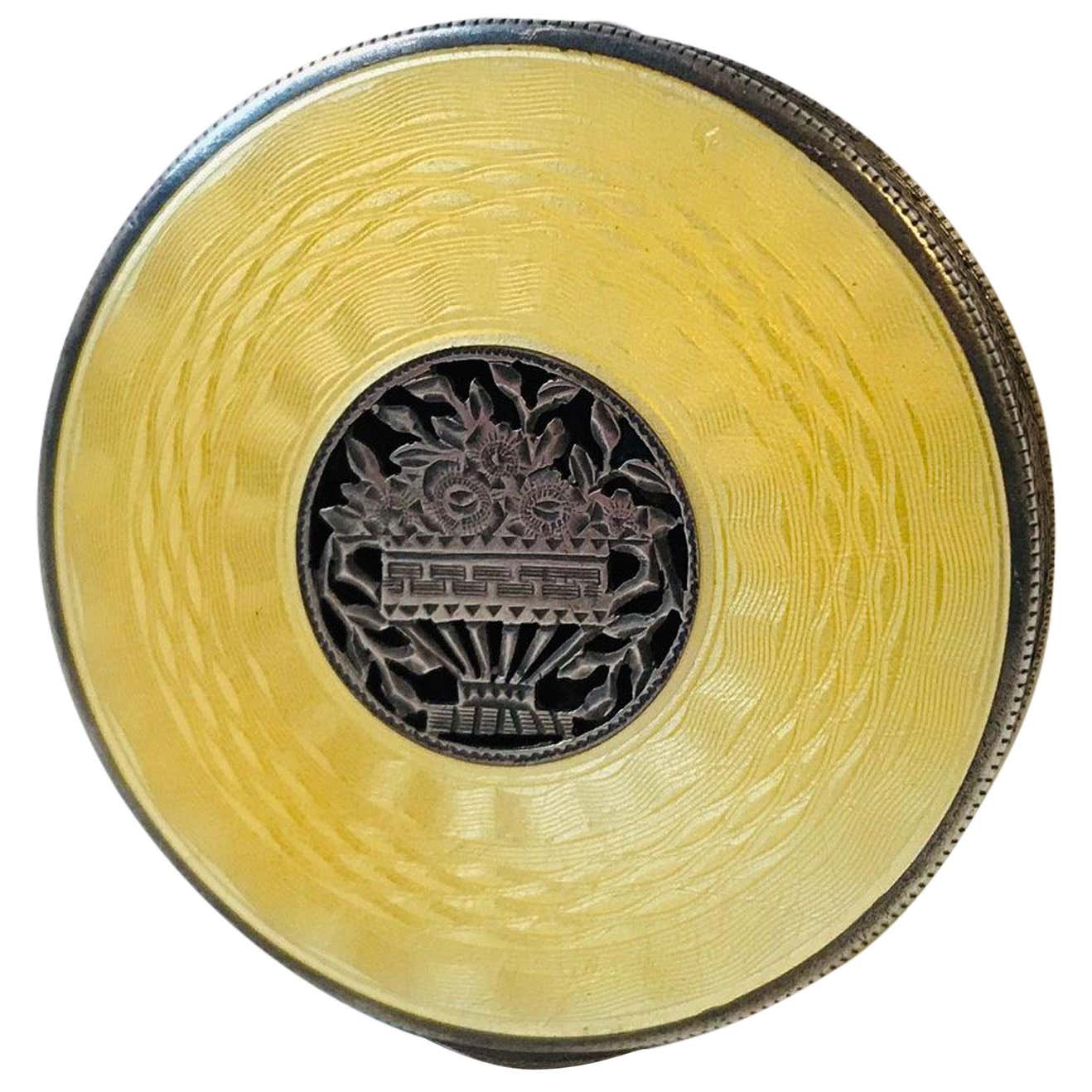 Antique Austrian Powder Compact in Silver and Lemon Enamel Guilloché ...