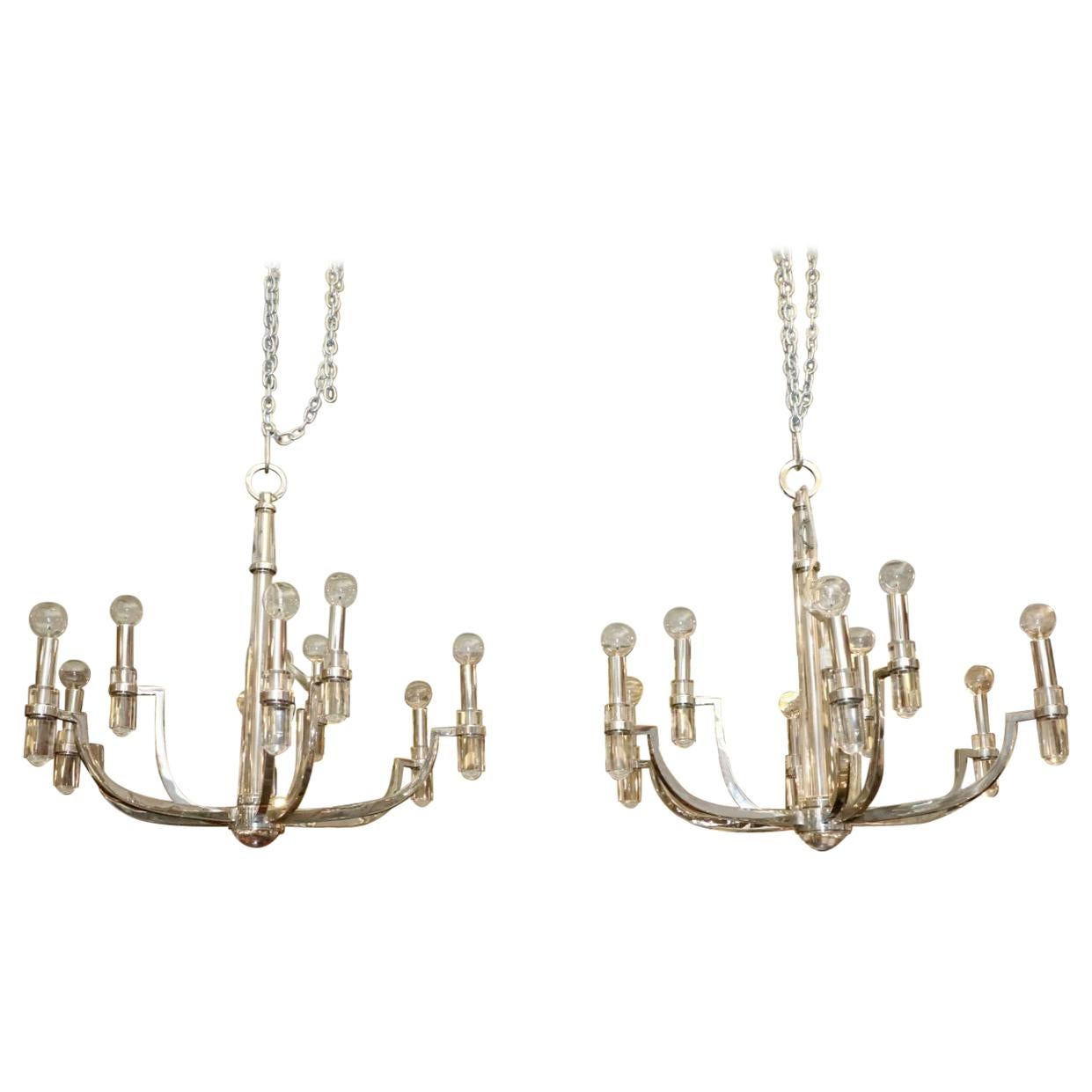 Nickel-Plated Brass, Lucite and Brass Chandeliers