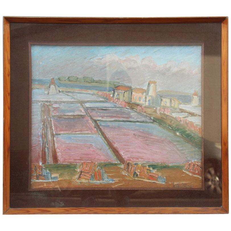 Oil of the 1960s Italian Represents the Saltworks of the Island of Mozia Trapani For Sale