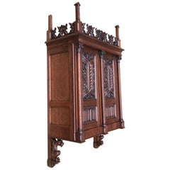 Antique Gothic Revival Hand Carved Oak Wall Cabinet with Gargoyles Sculptures