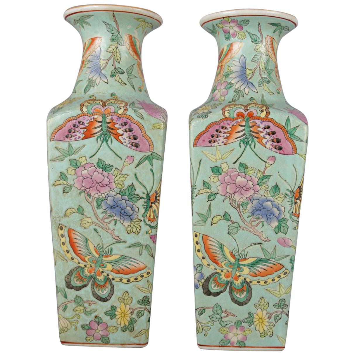 Antique Chinese Famille Rose Enameled Butterfly Ceramic Signed Vases, circa 1900
