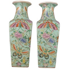 Antique Chinese Famille Rose Enameled Butterfly Ceramic Signed Vases, circa 1900