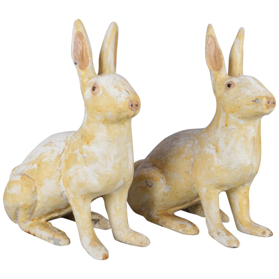 Pair of Large and Antique Figural Painted Cast Iron Sculptural Rabbit Doorstops