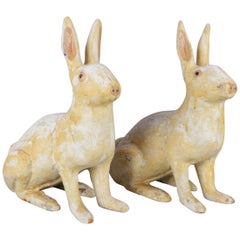 Pair of Large and Antique Figural Painted Cast Iron Sculptural Rabbit Doorstops