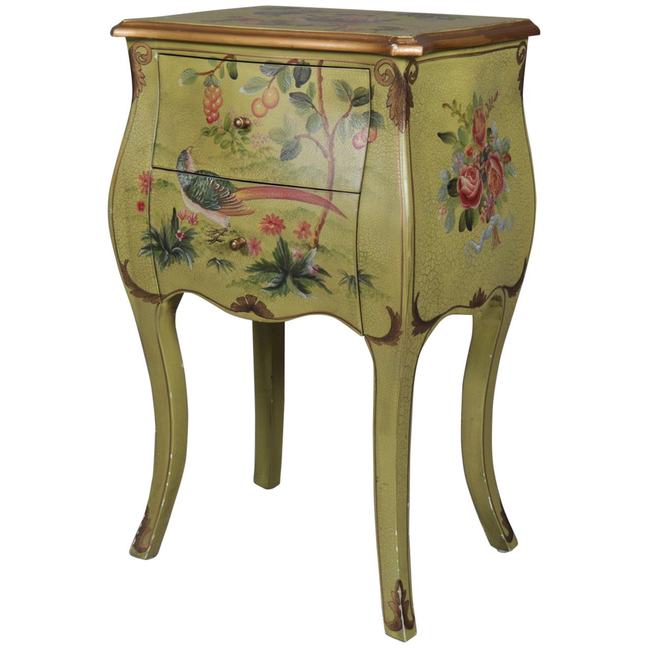 French Provincial Floral Painted and Gilt Bombe Stand with Roses and Pheasant