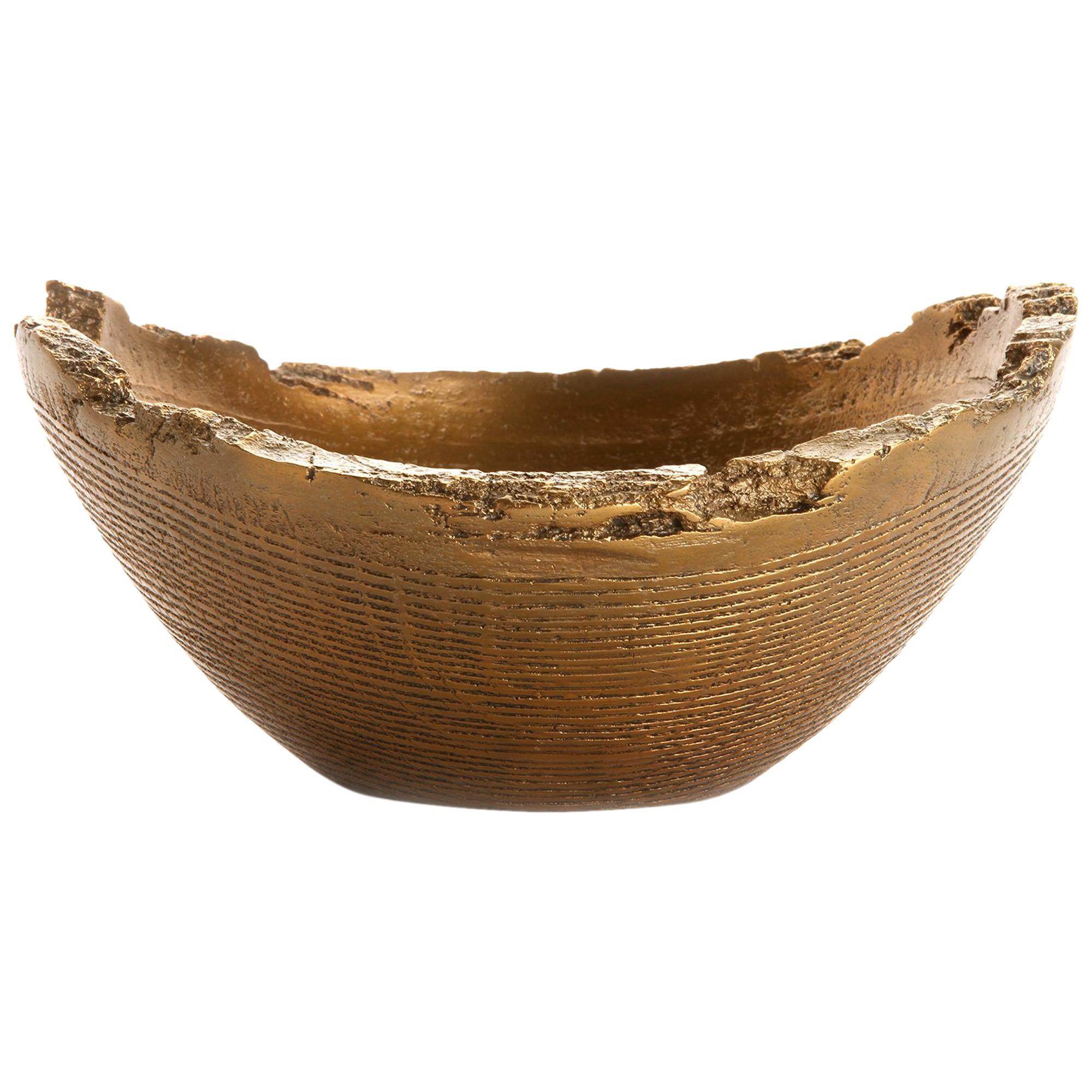 Solid Bronze "Juniper" Bowl or Vessel with Wood Texture in Gold Patina, in Stock For Sale