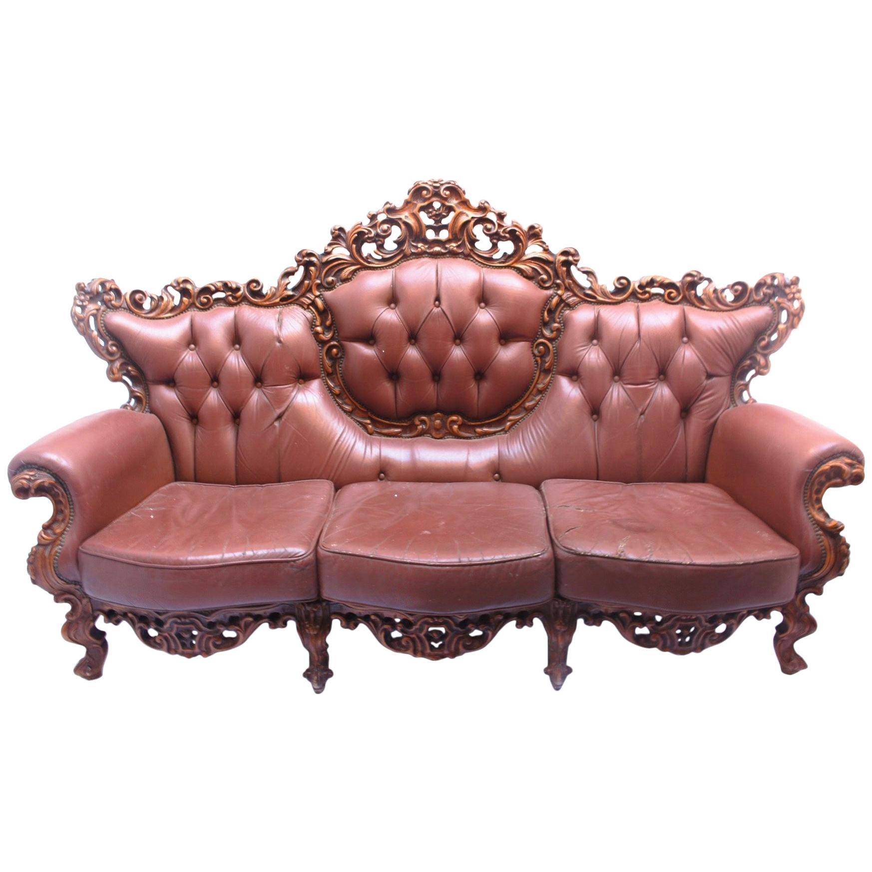 Midcentury Louis XV Rococo Capitonné Leather Canapé/Sofa/Couch by Mariano García For Sale