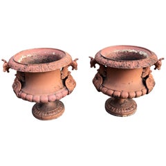 Pair of French Cast Iron Dragon Urns by Alfred Corneau in Old Red Paint