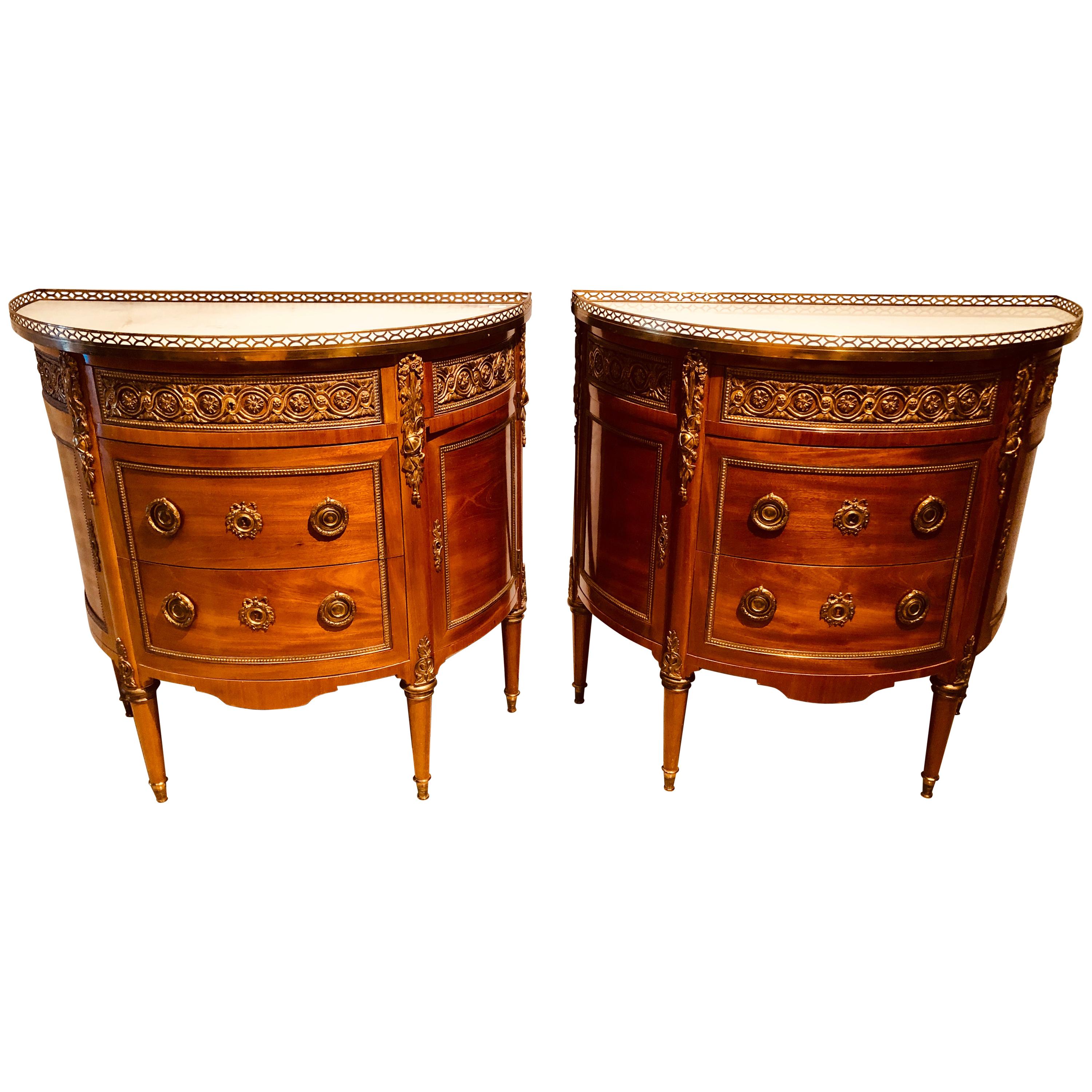 Pair of 19th Century Bronze Mounted French Demilune Commodes with Marble Tops