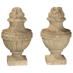 Pair of Carved Antique Limestone Pots a Feu from France, 19th Century