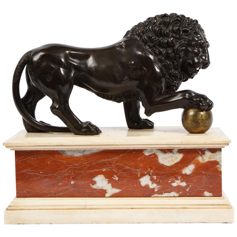 Neoclassical Grand Tour Patinated/Gilt Bronze and Marble Model of Medici Lion