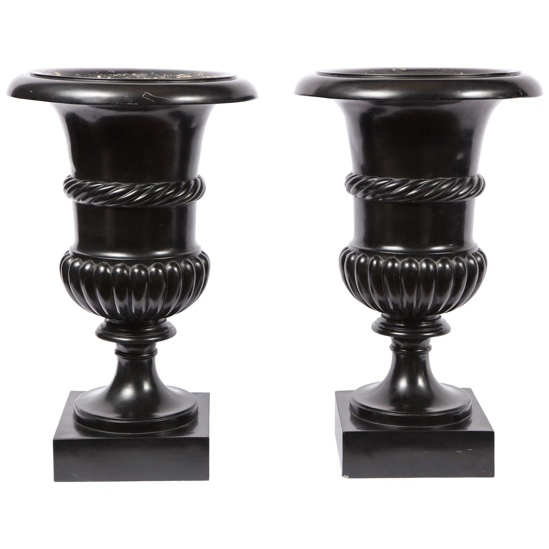 Pair of Antique Roman Neoclassical Campagna Shaped Black Scagliola Vases or Urns For Sale