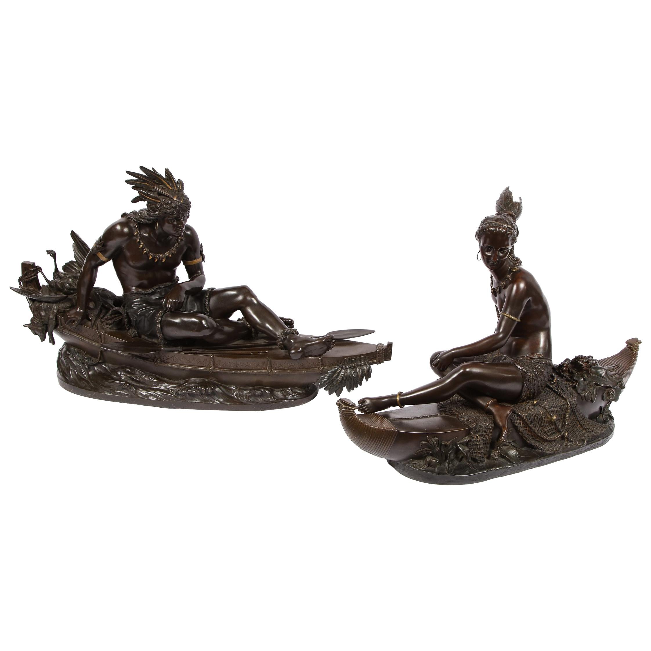 Paire de figures amérindiennes en bronze patiné, La Peche/La Chasse, signées