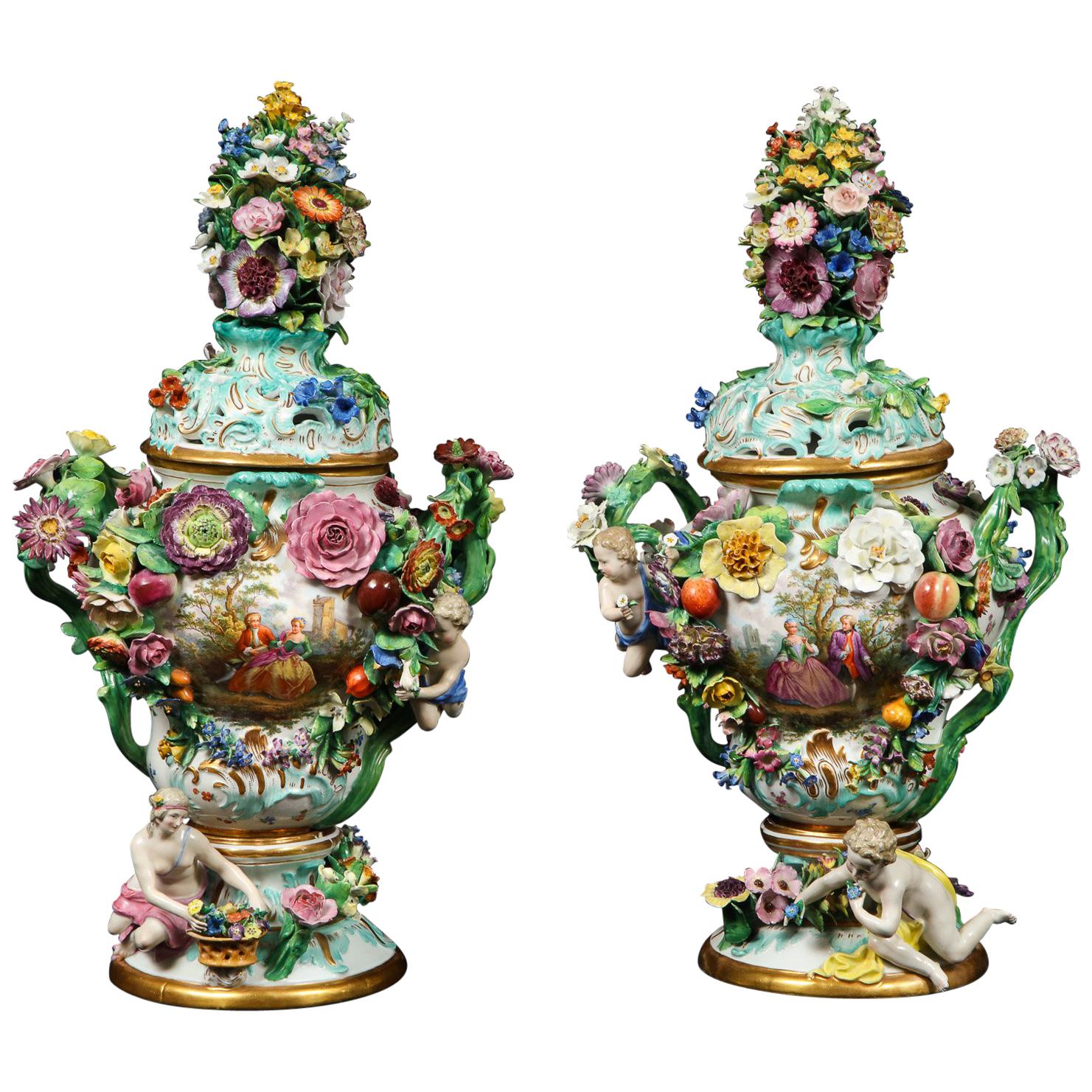Monumental Pair of Meissen Porcelain Pot-Pourri Vases, circa 1850