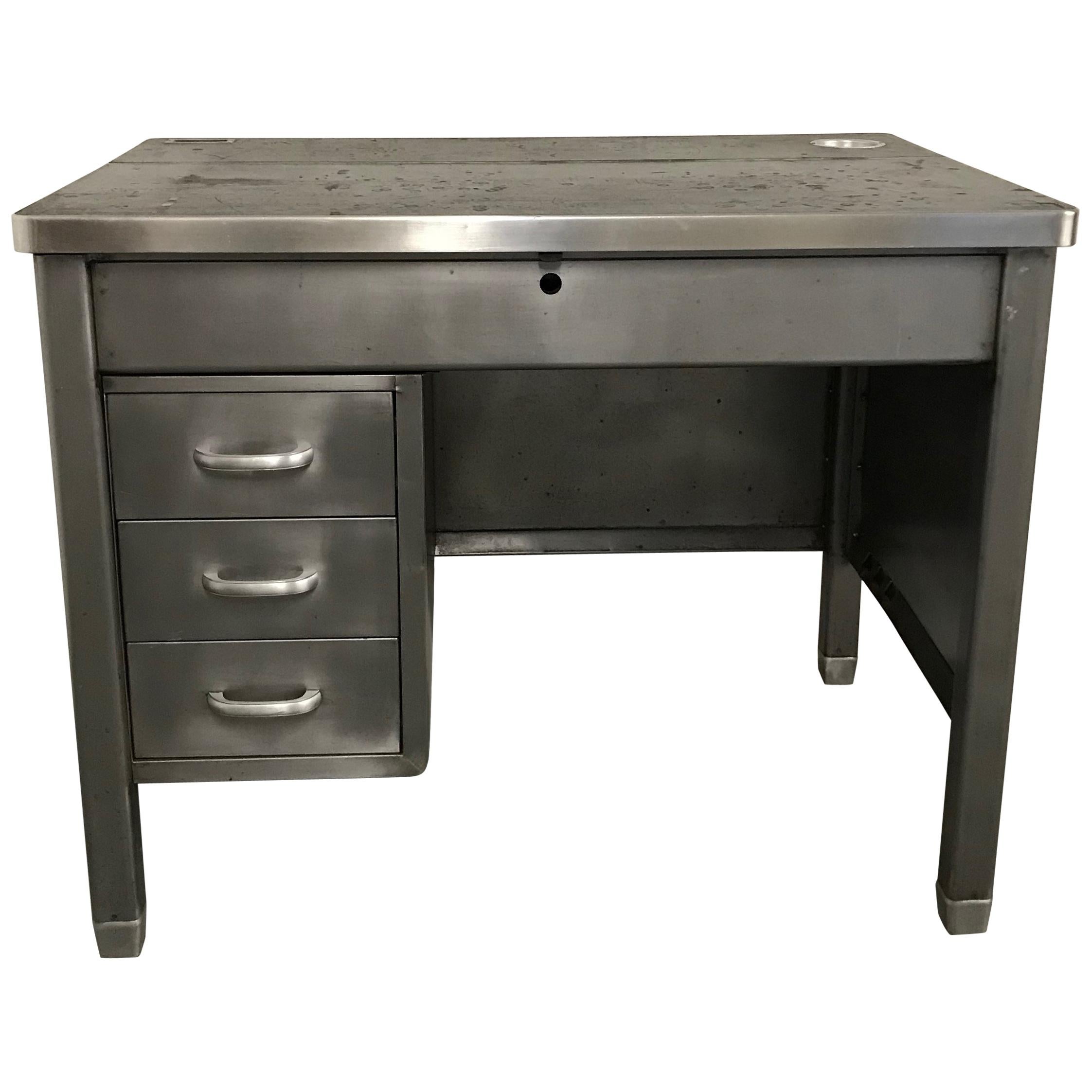 Industrial Brushed Steel Rubber Top Military Desk