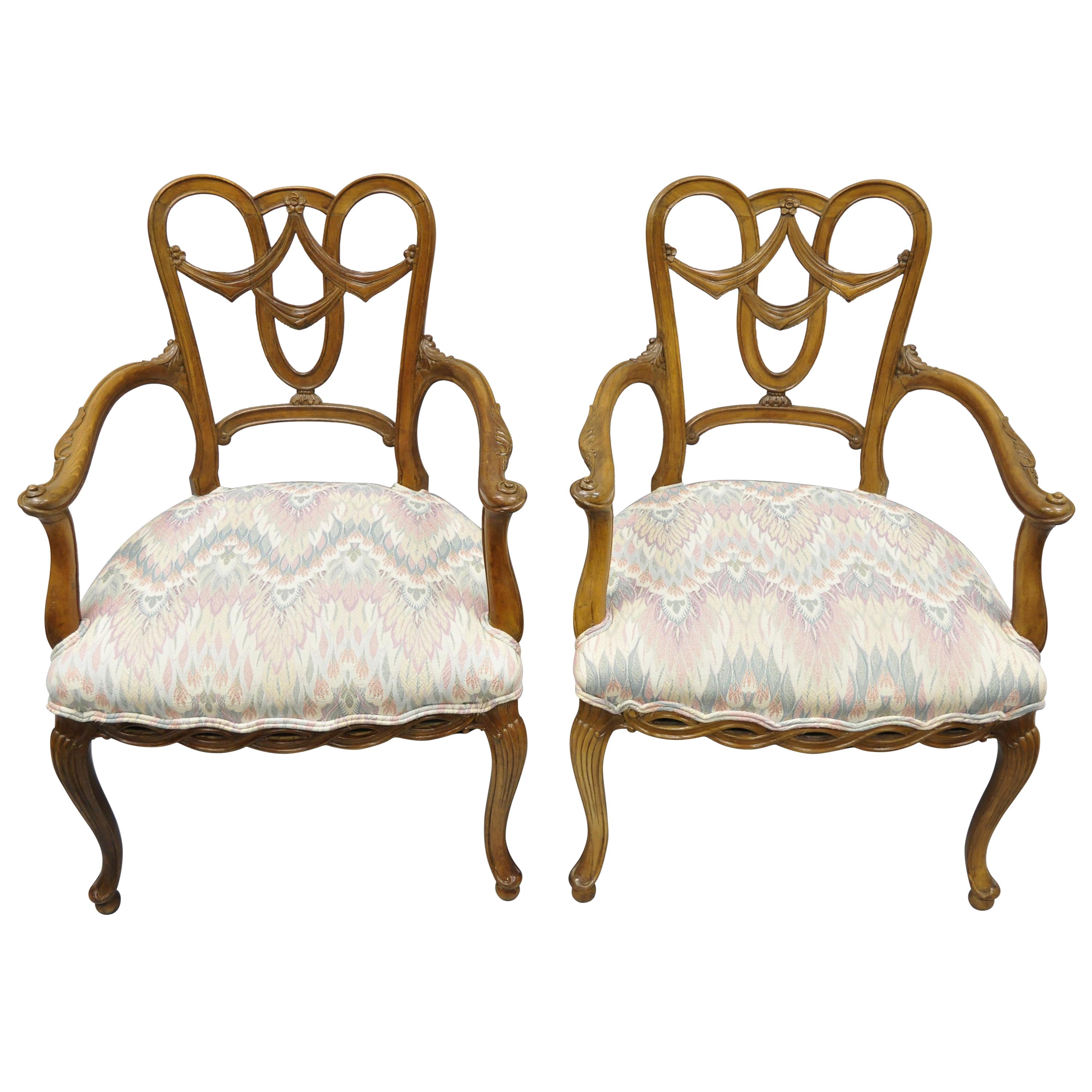 Pair of Vintage French Provincial Louis XV Style Drape Carved Dining Arm Chairs
