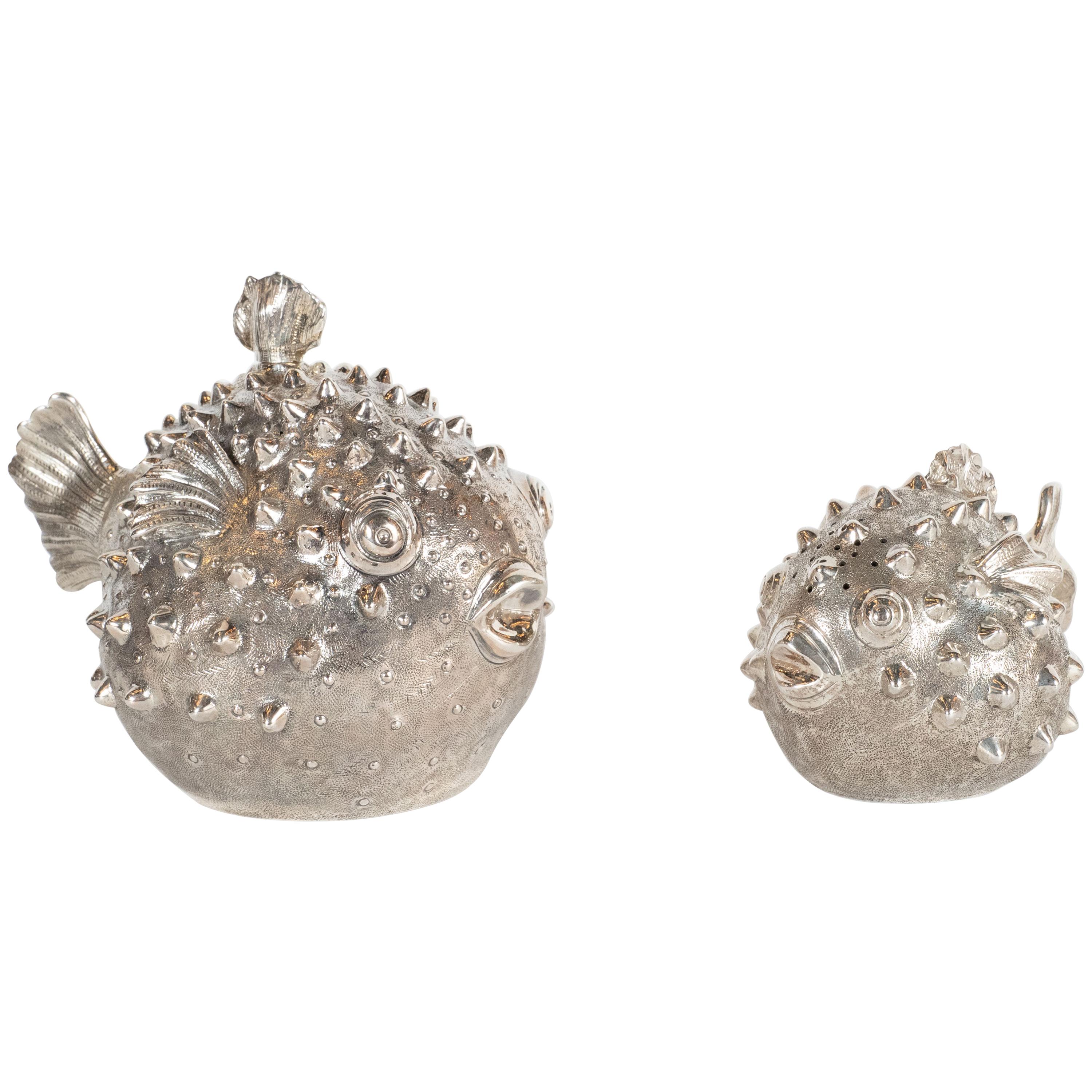 Handwrought Sterling Silver Puffer Fish Salt Shaker and Pepper Mill, Missiaglia
