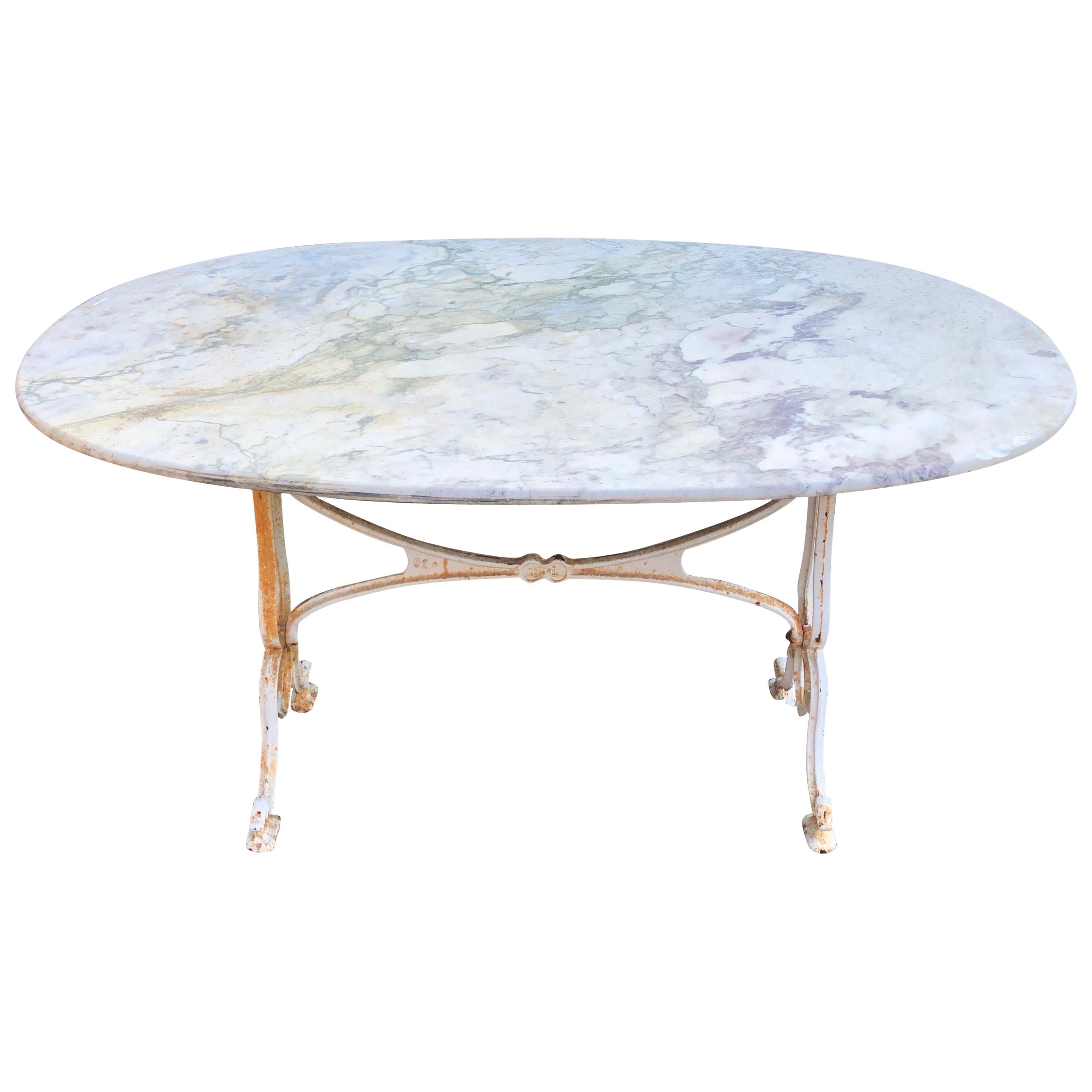 French Oval Marble-Topped Dining Table with Cast Iron Base