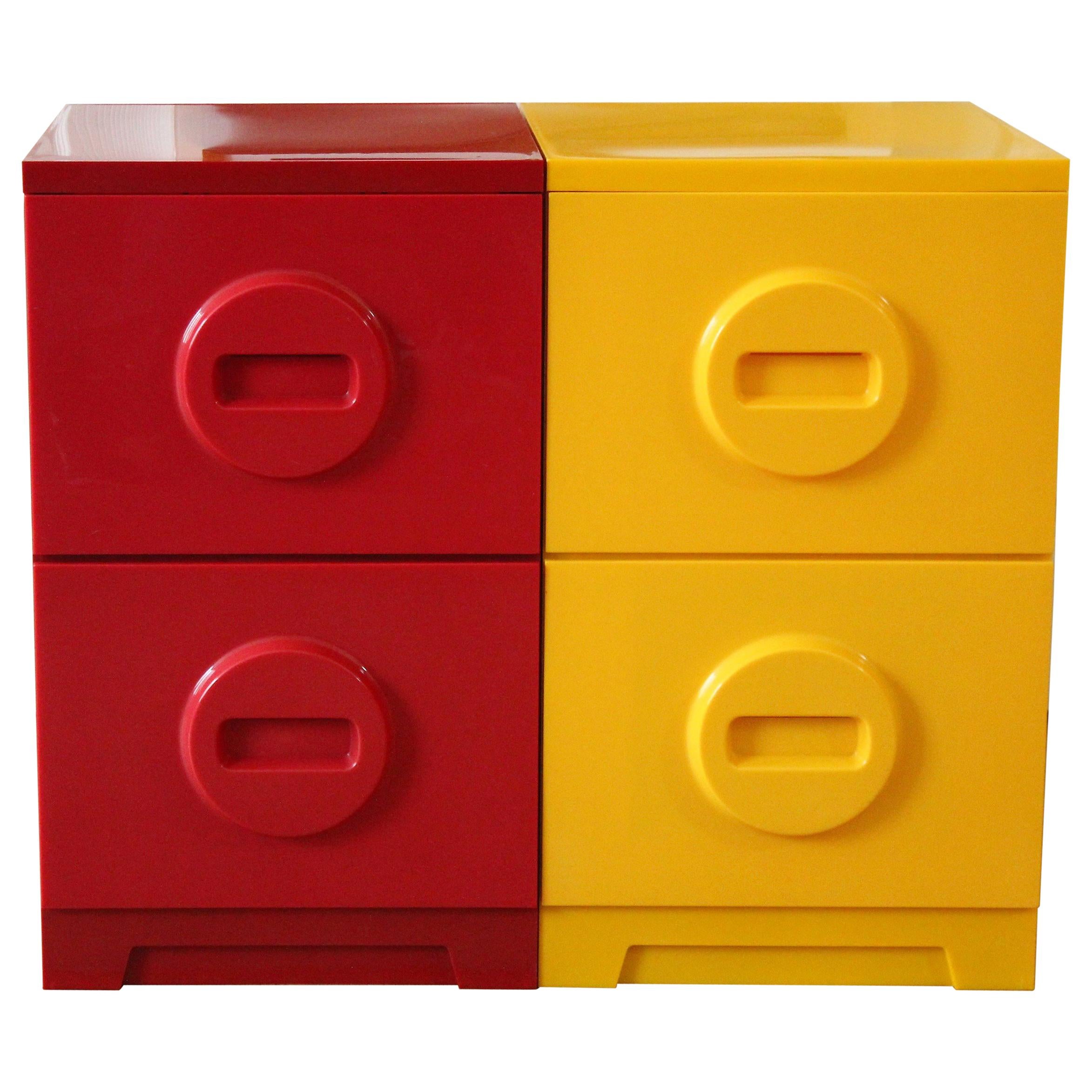 Mid-Century Modern Yellow Red Plastic Akro-Mils Filing Cabinet