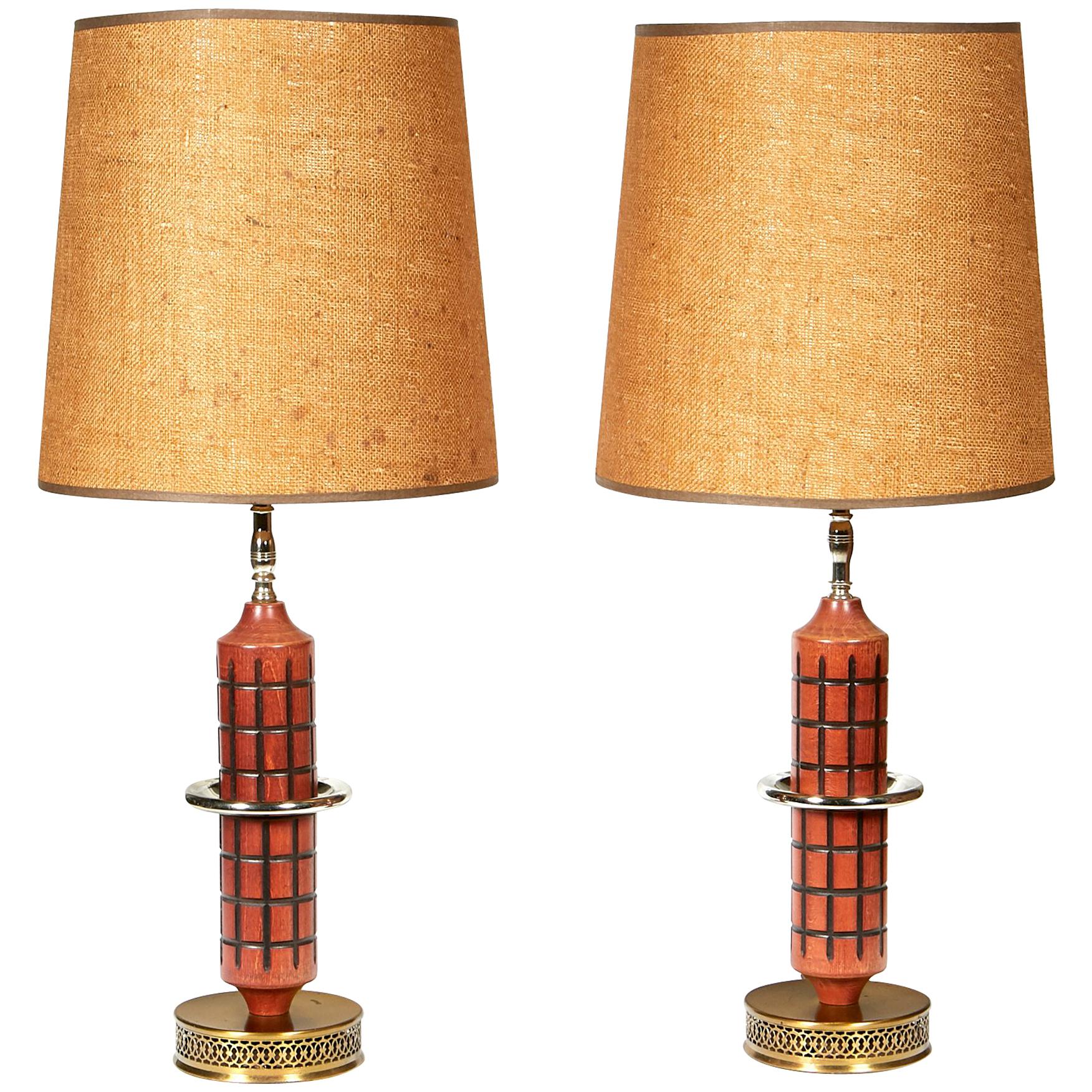 1960s Wood & Burlap Shade Table Lamps, Pair For Sale