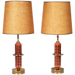 1960s Wood & Burlap Shade Table Lamps, Pair