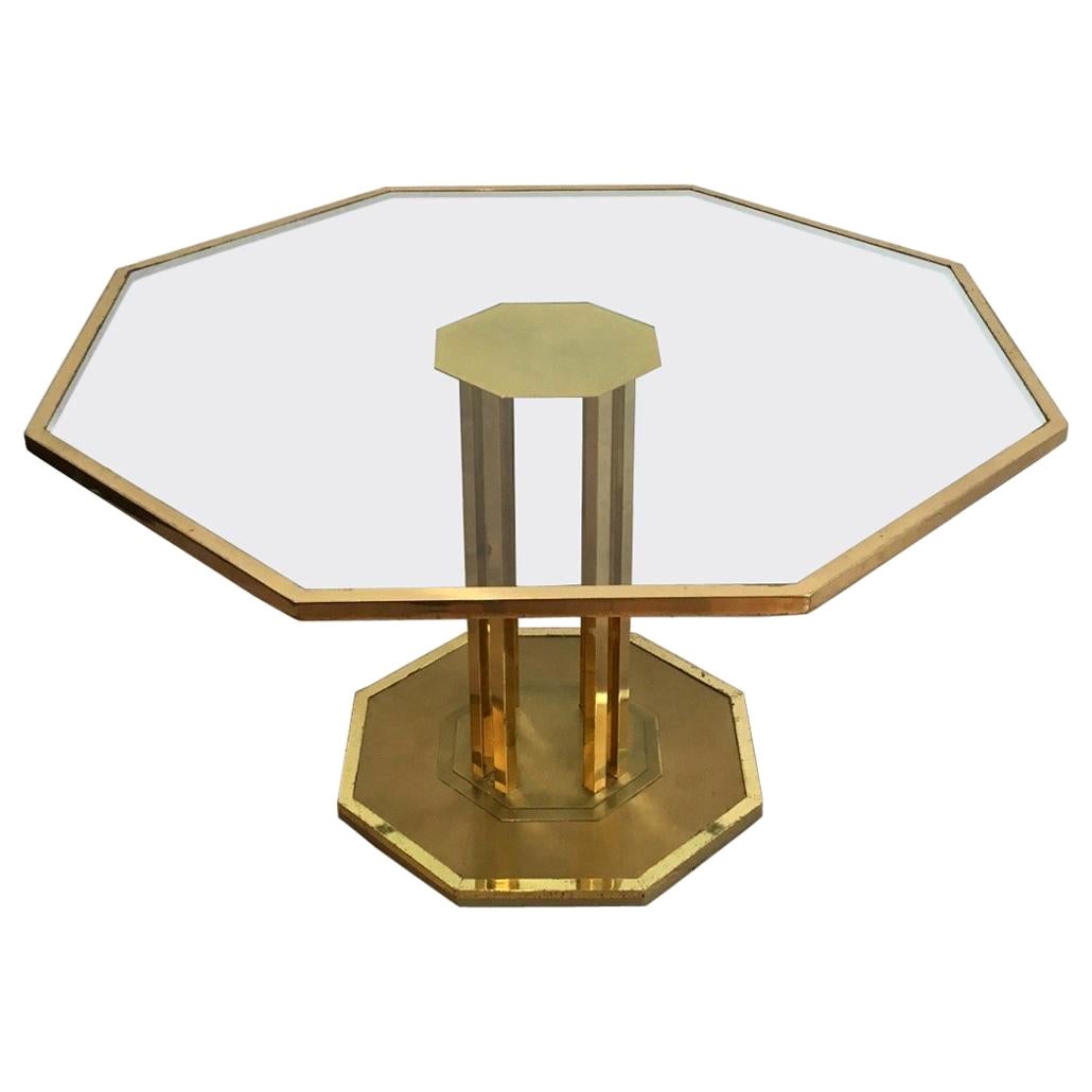 Rare Octagonal Brass and Glass Design Coffee Table, French, circa 1970 For Sale