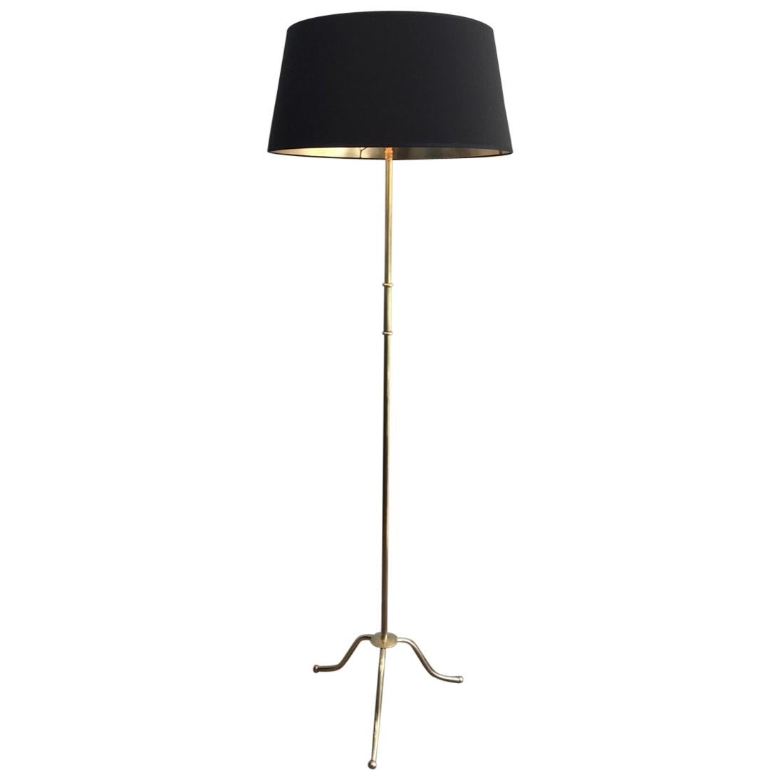Neoclassical Tripode Brass Floor Lamp with Shade, French, circa 1940