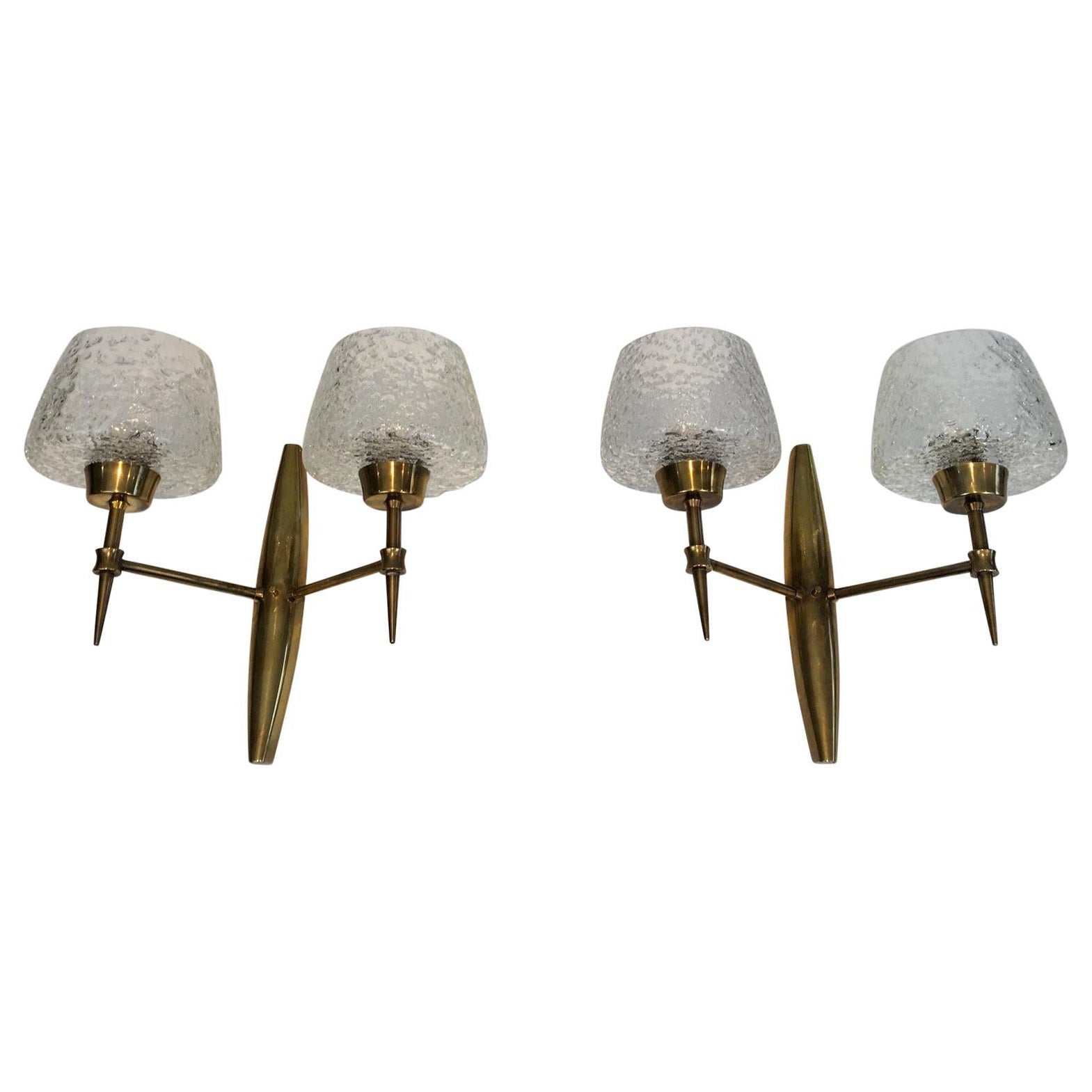 Pair of Fine Bronze Sconces with Worked Glass Reflectors, Italian, circa 1960 For Sale